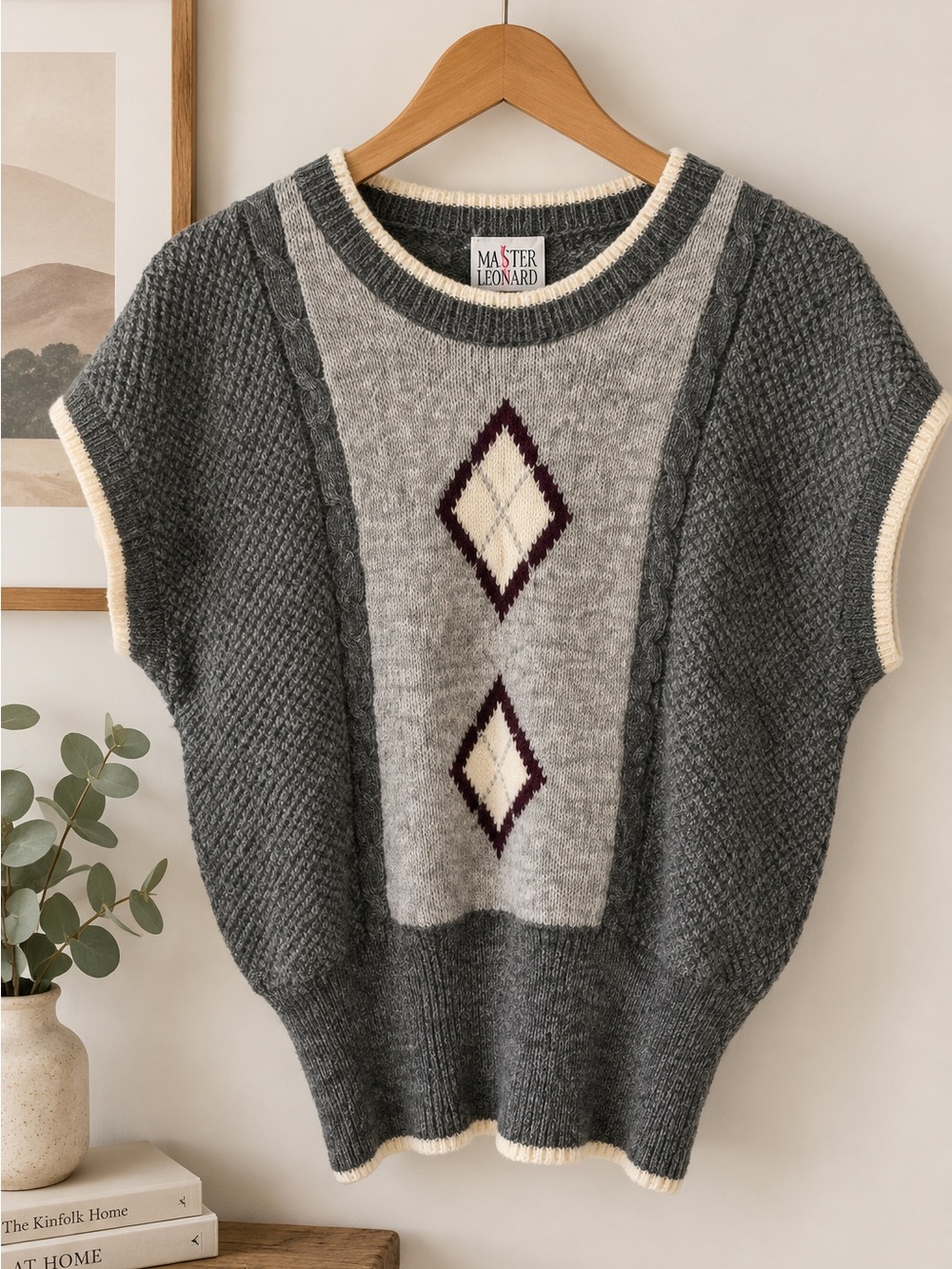 Vintage 1980s Mister Leonard Grey Argyle Sweater Vest Womens sz large